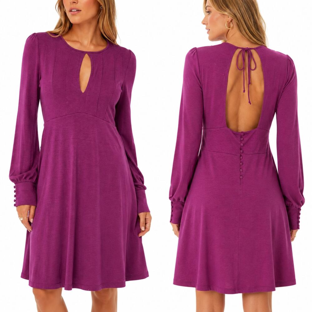 Free People Purple Keyhole Open Back Tie Shift Dress Pintuck Bishop Sleeve Sz 4